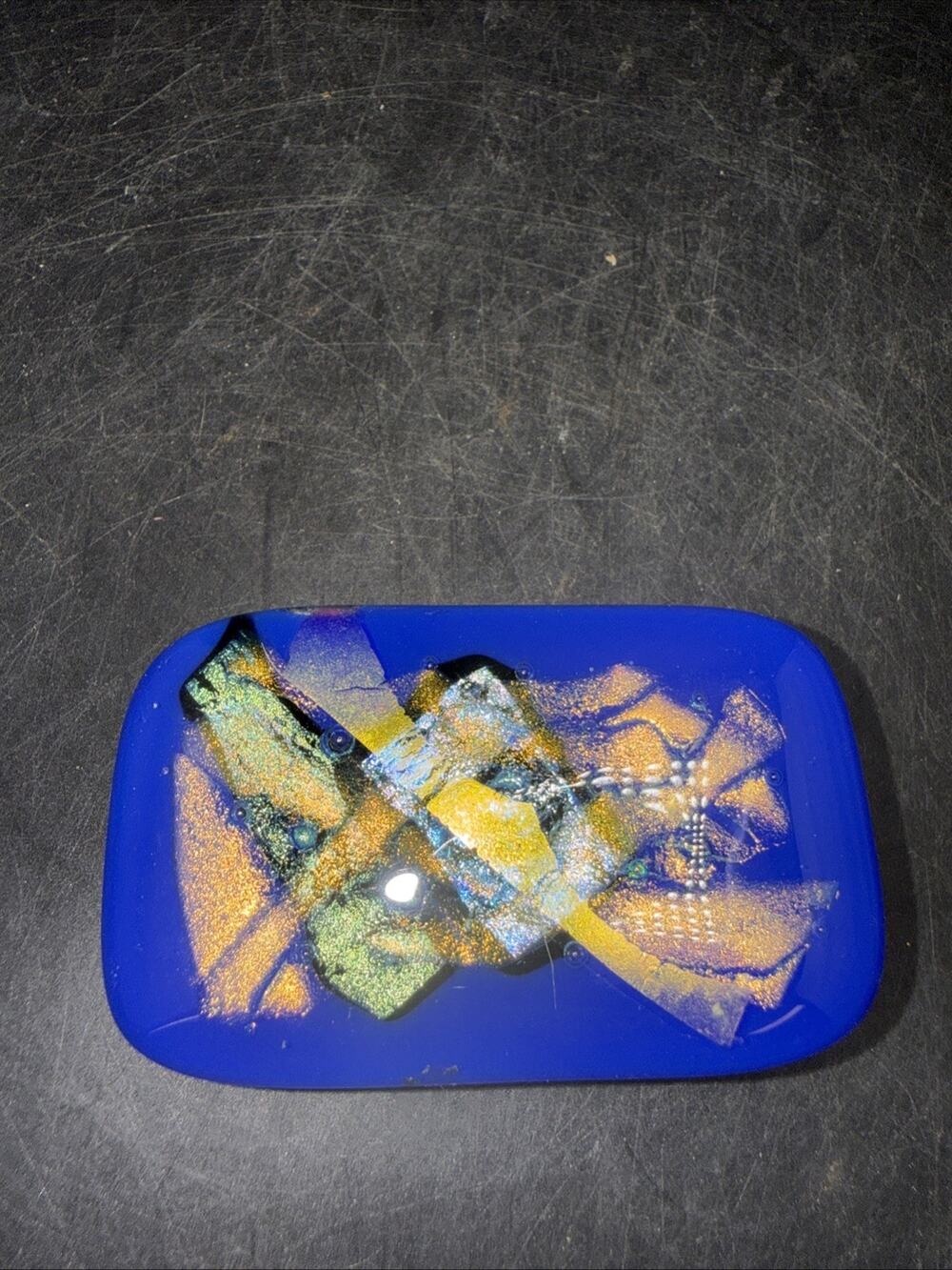 Vintage Handmade Fused Art Glass Belt Buckle Cobalt Blue Gold Abstract